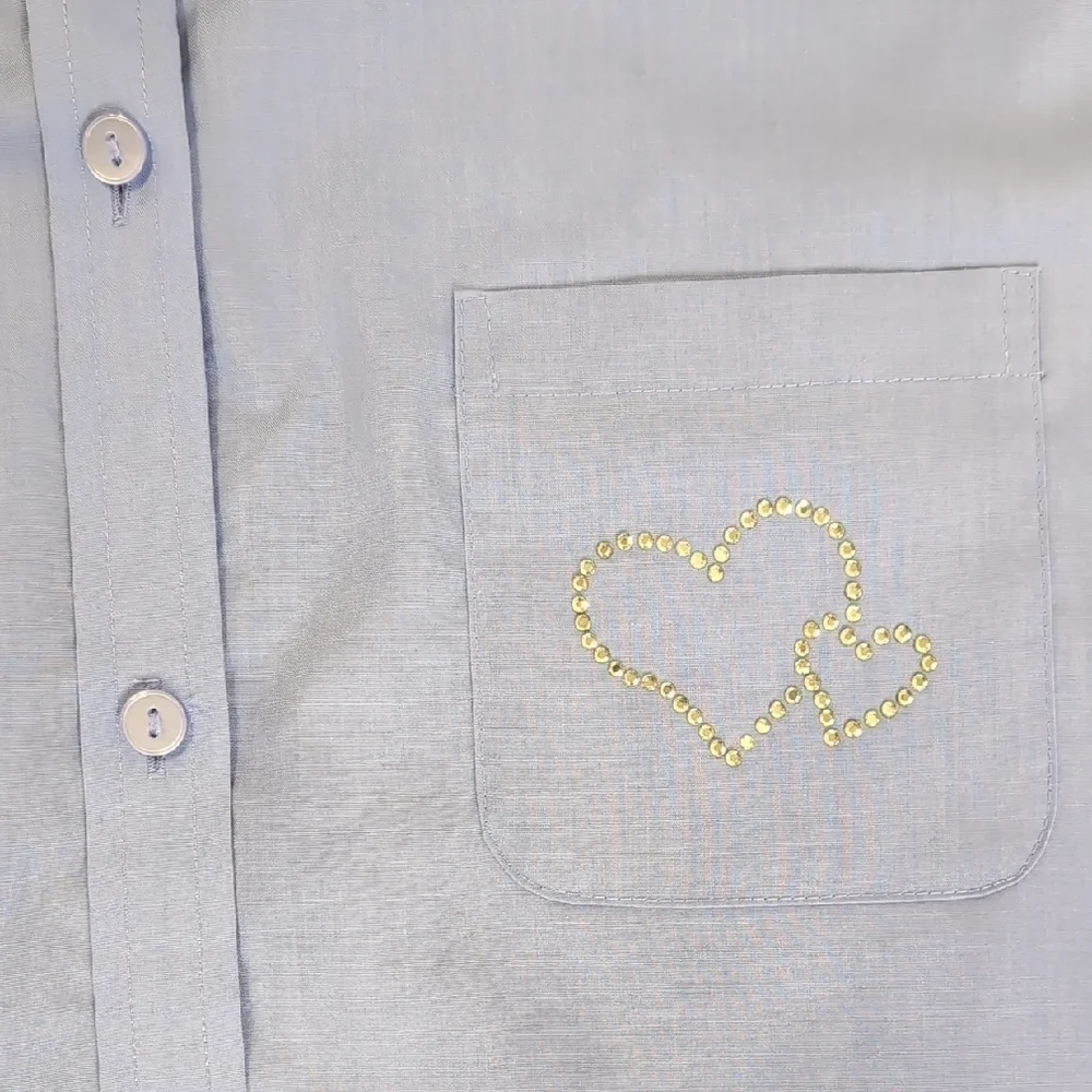 Foxcroft | Periwinkle Blue Heart Pocket Button Down Short Sleeve Size 14 - Picture 4 of 9